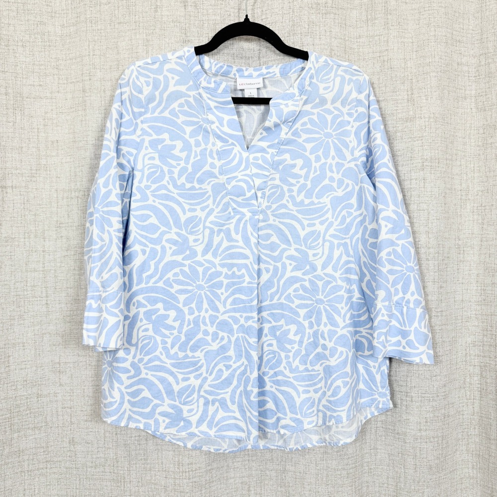 Liz Claiborne Linen Blend Floral Tunic Top Sz L 3/4 Sleeve Coastal Beachy Resort